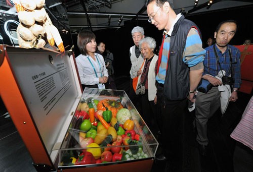  游客在世博園“倫敦零碳館”觀看環(huán)保水果、蔬菜模型（6月4日攝）。